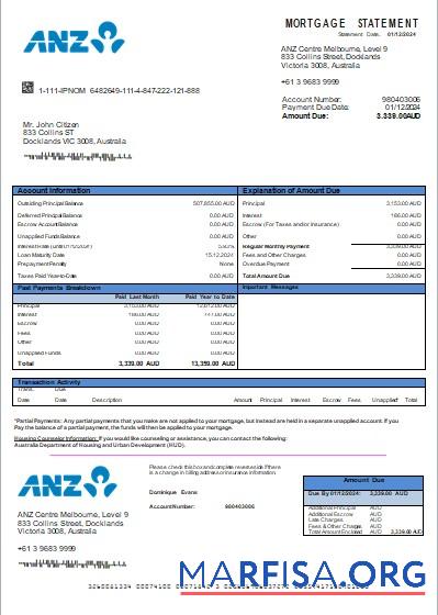 Blank Australia ANZ bank mortgage statement scr download for verification